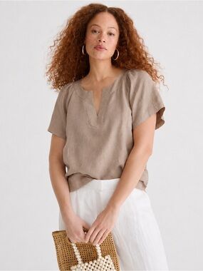 J.Crew 100% Linen Flutter Sleeve V-Neck Top XS Beige Tan BR063